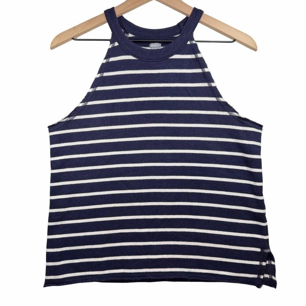 Aerie Knit Tank Top Navy Blue White Striped Raw Hem High Neck Med Summer M